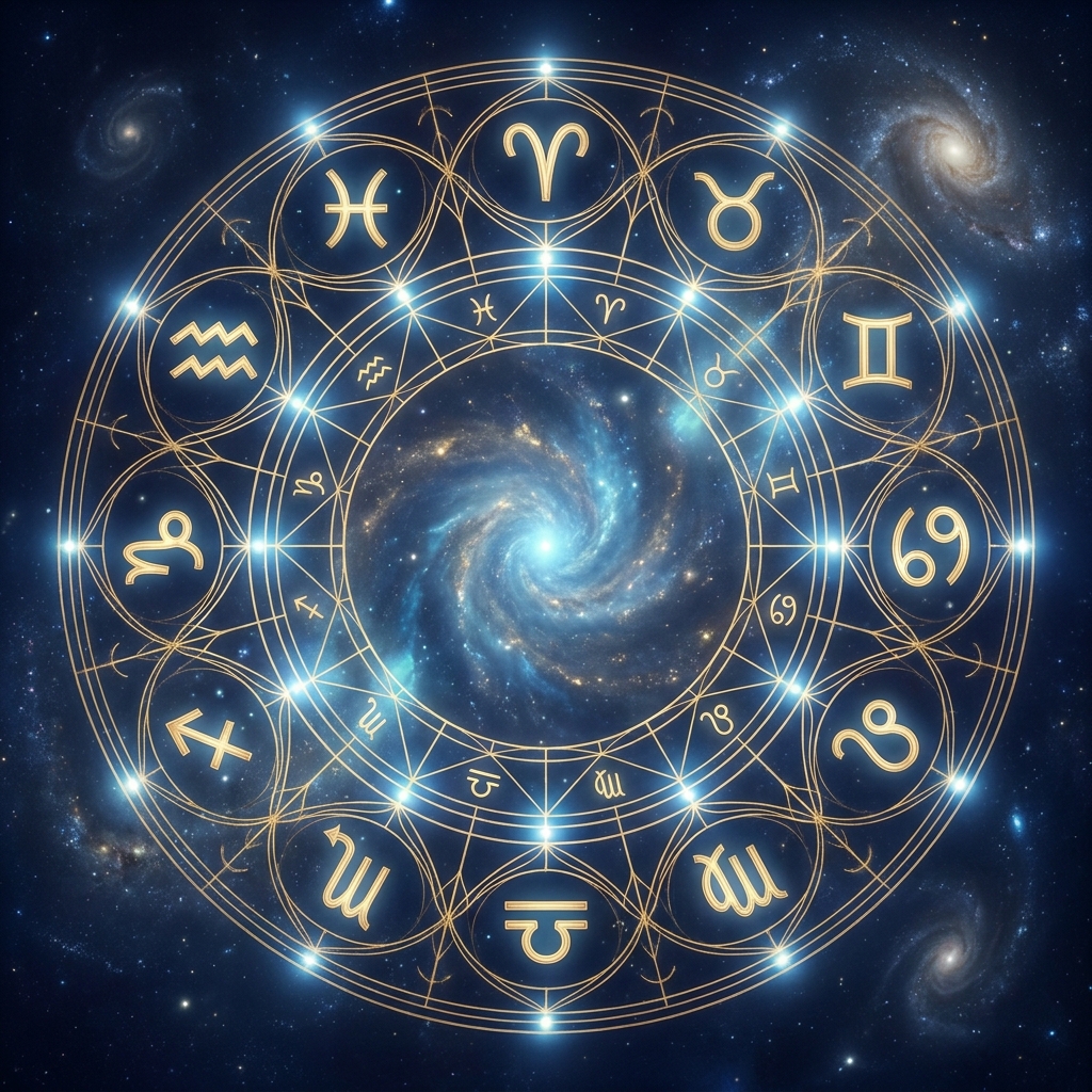 Glowing natal chart wheel in gold lines on midnight blue