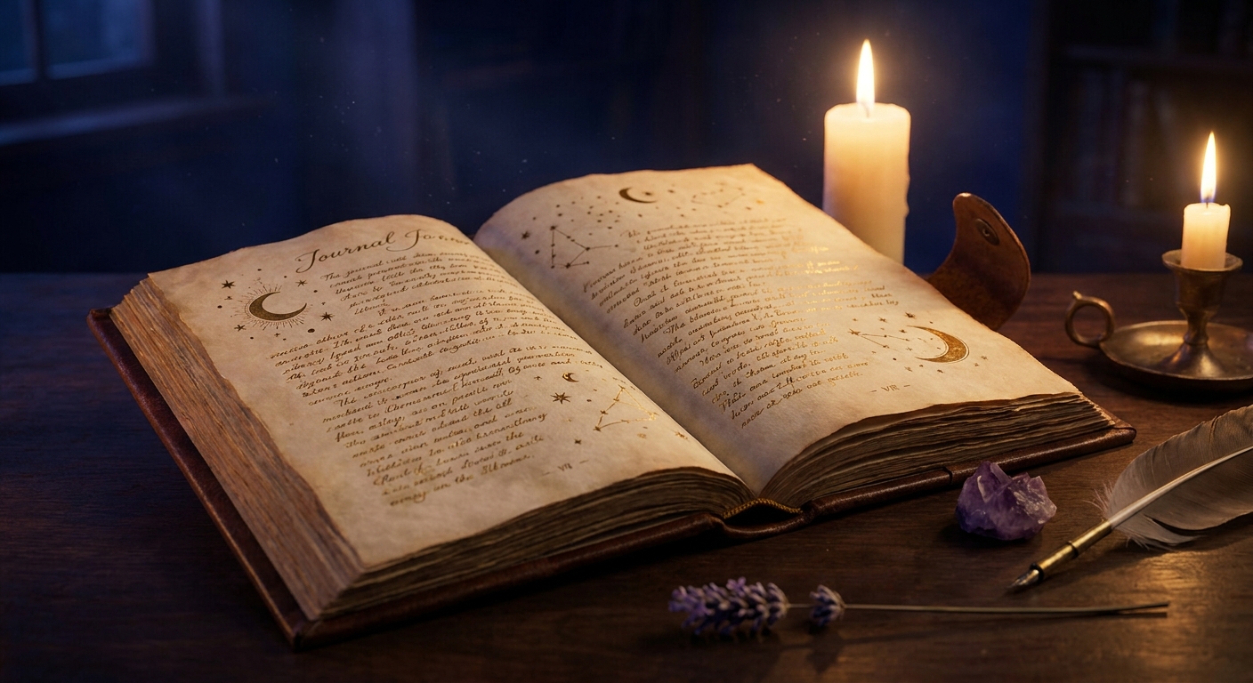 Leather-bound celestial journal with gold script and candlelight
