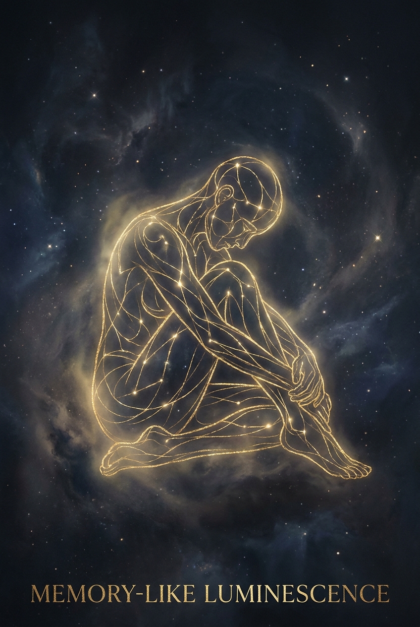 Gold constellation threads forming a human silhouette in deep space