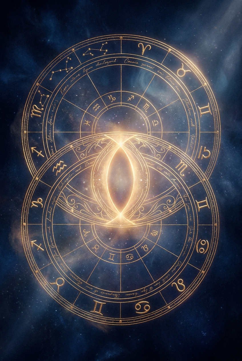 Two overlapping astrological charts forming a luminous vesica piscis in gold on deep midnight blue