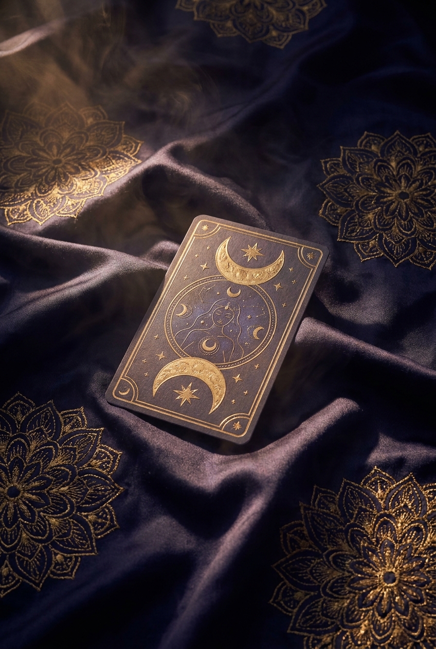 Ornate tarot card with gold celestial details on deep indigo