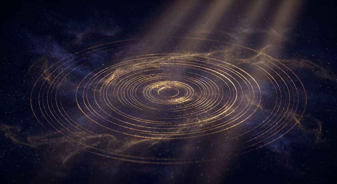 Concentric sound wave circles in gold on deep indigo